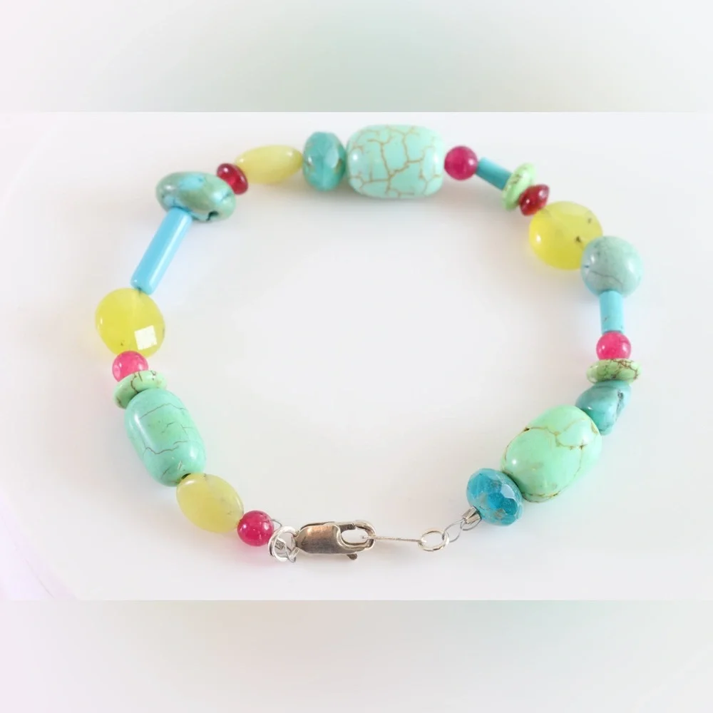 Handmade Turquoise & Aqua Gemstone Bracelet | Sterling Silver | 8”